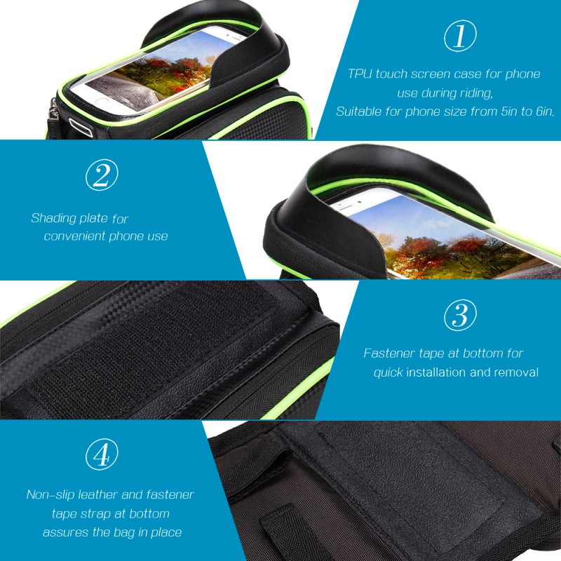 B-SOUL Bike Bag: Blue Polyester Oxford Fabric, Water-resistant, Non-slip Bottom, 3 Adjustable Straps - Removable TPU Touch Screen Phone Case, Dual Side Storage Pockets for 5.0in to 6.0in Phones, Cycling Acce - Image 2