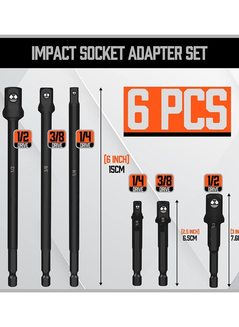 SYOSI - Impact Grade Drill Socket Adapter Set, 3" & 6" Hex Shank Impact Driver Socket Socket Adapter, Socket to Bit Adapter 1/4" 3/8" 1/2" Impact Driver Adapter (6 Piece) - Image 1