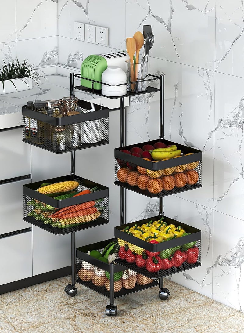 Multi-Layer Kitchen Storage Shelf Rotatable Steel Rack 4 Movable Wheels Fruit Vegetable Snack Organizer Stand Black, 5 roles  - Image 2