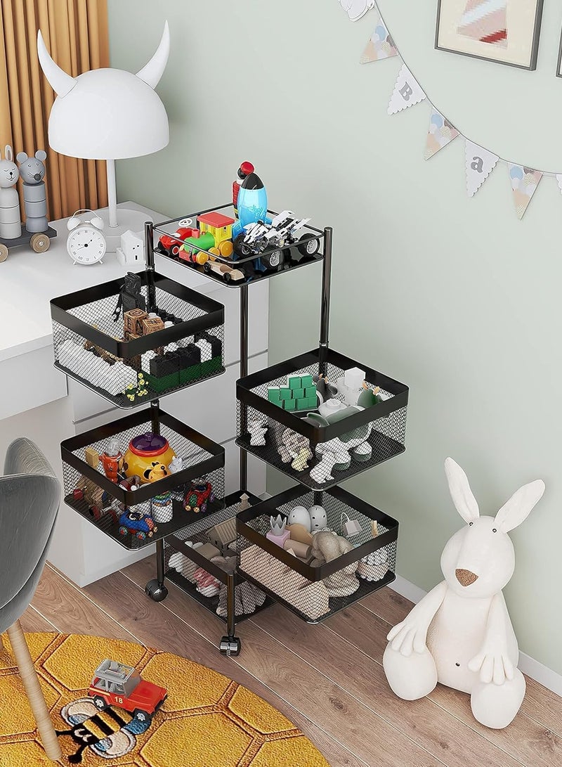 Multi-Layer Kitchen Storage Shelf Rotatable Steel Rack 4 Movable Wheels Fruit Vegetable Snack Organizer Stand Black, 5 roles  - Image 3