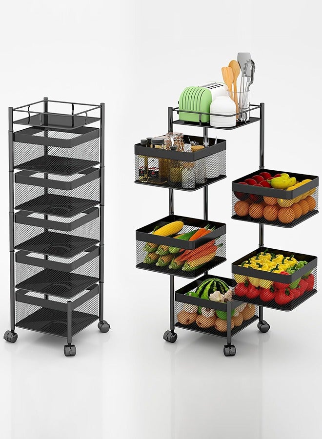 Multi-Layer Kitchen Storage Shelf Rotatable Steel Rack 4 Movable Wheels Fruit Vegetable Snack Organizer Stand Black, 5 roles  - Image 1