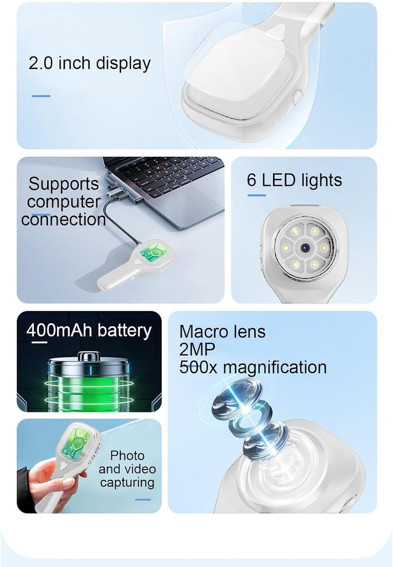 مجهر رقمي محمول Dpofirs 2MP | تكبير 500x مع شاشة ملونة 2 بوصة، تسجيل صور/فيديو عالي الدقة، محمول للتصوير الماكرو (أبيض) - Image 5