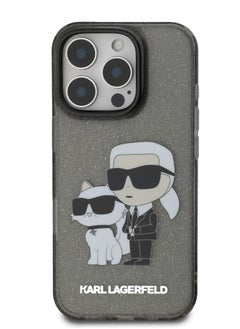 كارل لاغرفيلد جراب IML Glitter Hard Cover لهاتف آيفون 16 برو مع شعار Karl & Choupette NFT / حماية من السقوط / تصميم نحيف / قبضة مريحة - أسود  - Image 1