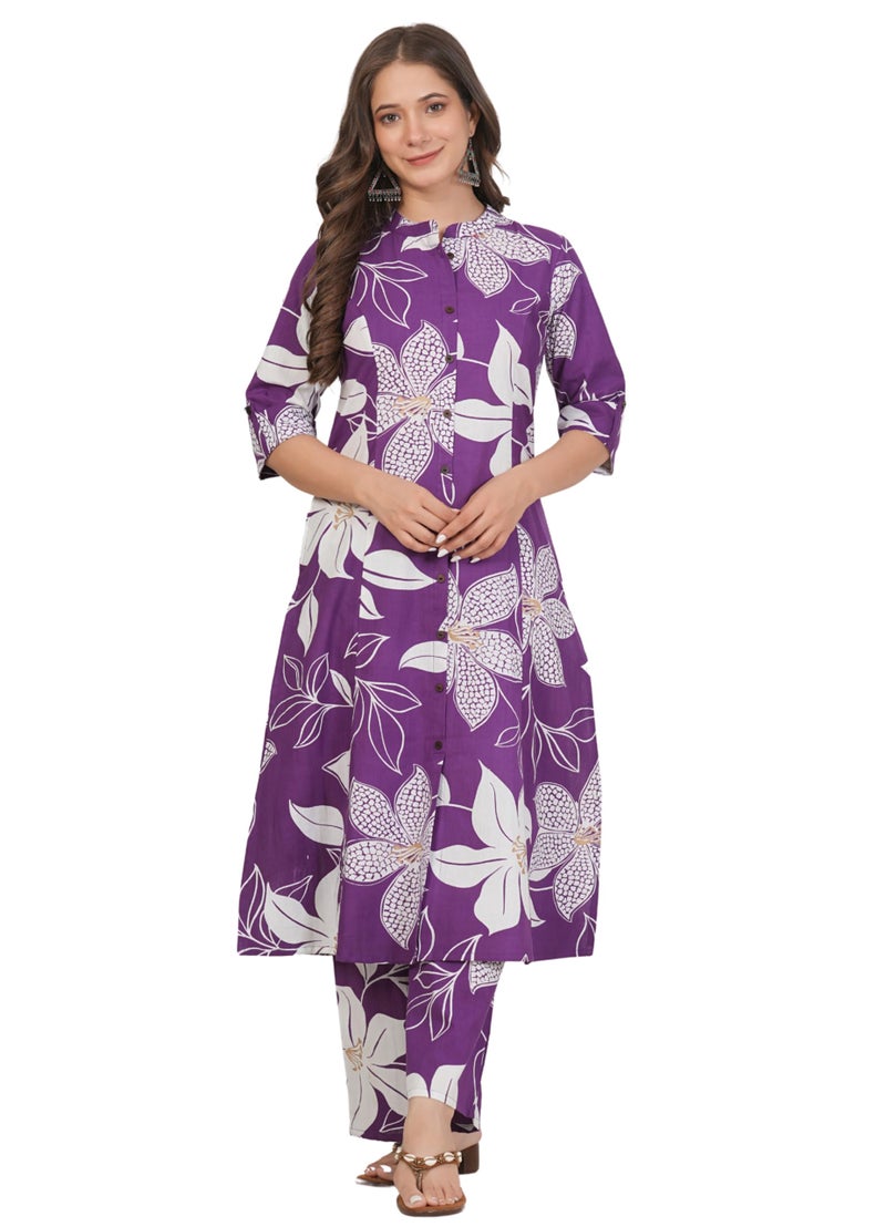 rytras Women's Pure Cotton Printed Ethnic Wear A-Line Kurta Set with Palazzo Pants(RYT648,Purple,XL) - Image 1