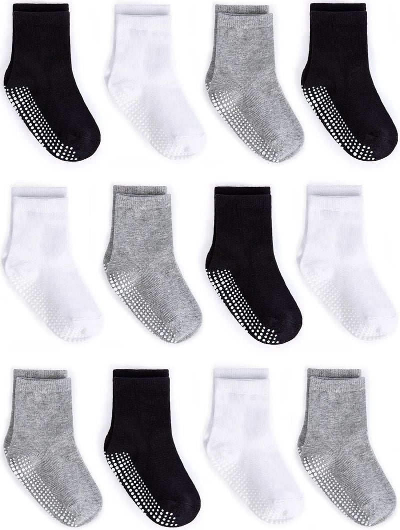 ZAPLES Baby Non Slip Grip Crew Socks with Anti Skid Soles for Infants Toddlers Kids Boys Girls, Assorted 12 Pack, 4-7 Years - Image 1