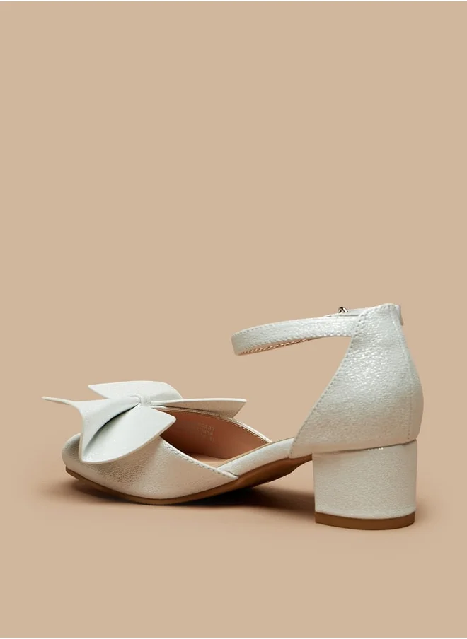 Celeste Girls' Bow Applique Ankle Strap Ballerinas With Block Heels