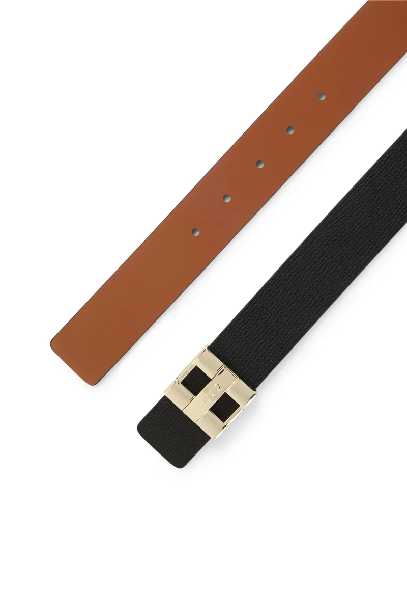 هوجو Reversible belt in grained and smooth Italian leather