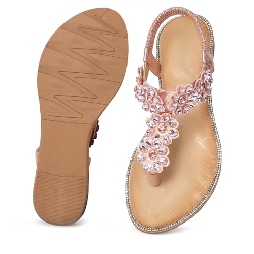 iCKER Women Rhinestone Sandals T-Strap Buckle Bohemian Pearl Crystal Flat Sandals-3016 Pink-8.5 - Image 5