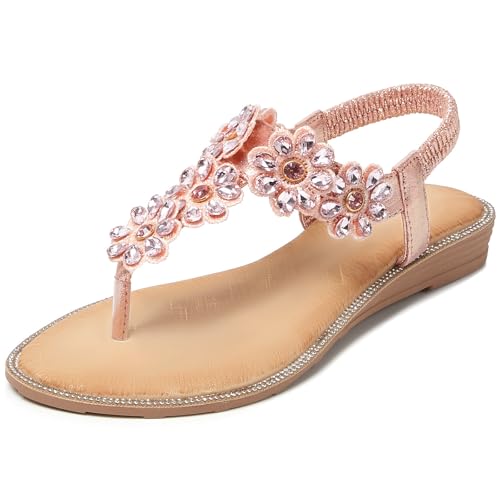 iCKER Women Rhinestone Sandals T-Strap Buckle Bohemian Pearl Crystal Flat Sandals-3016 Pink-8.5 - Image 1