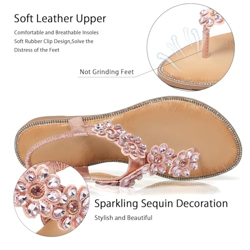 iCKER Women Rhinestone Sandals T-Strap Buckle Bohemian Pearl Crystal Flat Sandals-3016 Pink-8.5 - Image 2