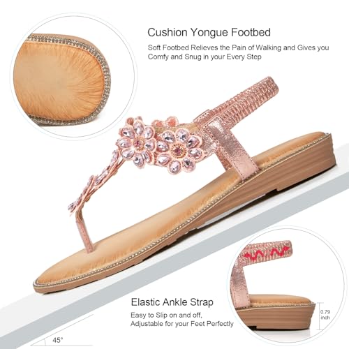 iCKER Women Rhinestone Sandals T-Strap Buckle Bohemian Pearl Crystal Flat Sandals-3016 Pink-8.5 - Image 3