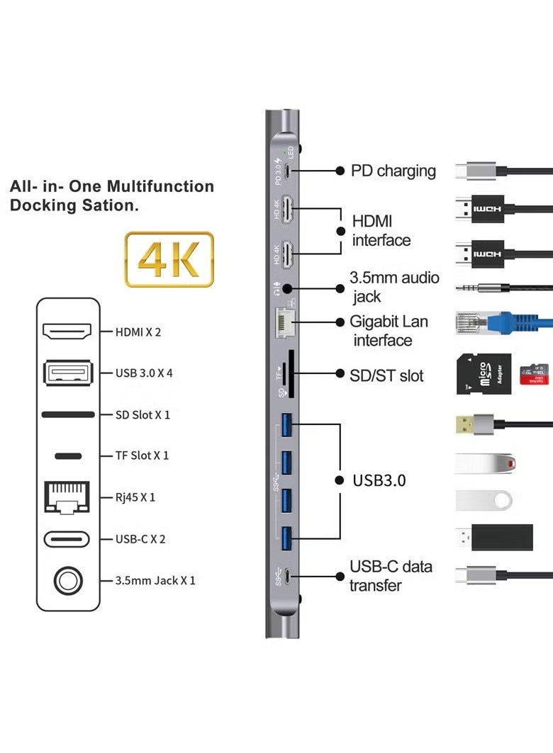 ميجوفاست قاعدة إرساء متعددة الوظائف 14 في 1 USB C لأجهزة الكمبيوتر المحمولة للشبكة، بدقة 4K Ultra HD، وسماعات رأس، وتدعم USB 3.0، وبطاقة SD، وبطاقة TF، وPD 3.0 - Image 3