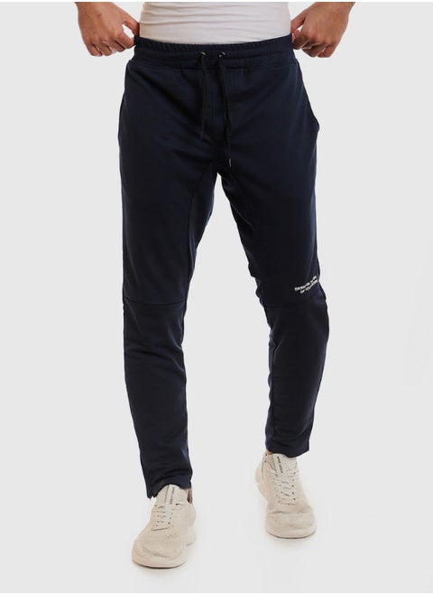 Zipper Trim Regular Fit Pants - Navy Blue