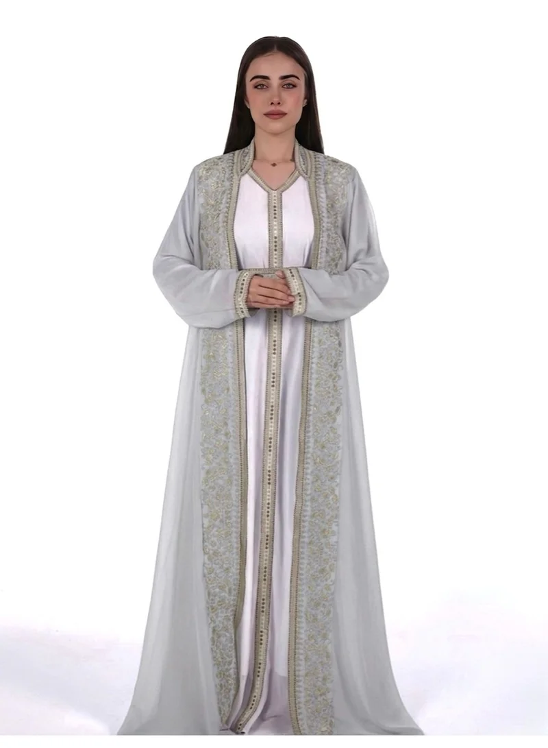 emboidered belted chiffon kaftan dress