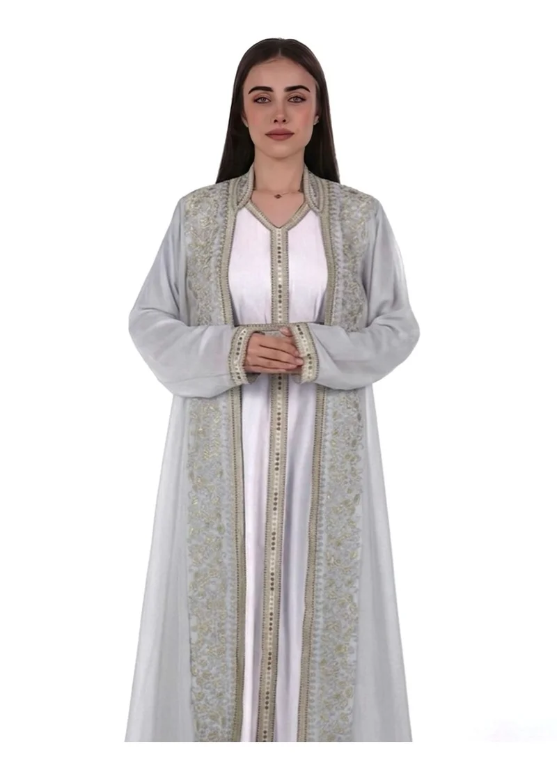 AL BENT AL SHARQIEH emboidered belted chiffon kaftan dress