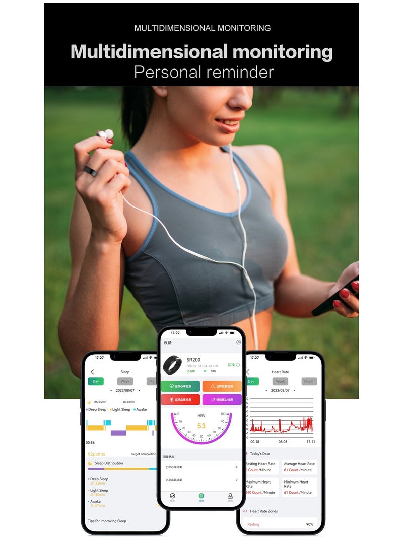 General - Smart Health Ring for Health Monitor Sleep Monitoring Blood Oxygen Heart Rate Calories Burned Finger Temperature Step Tracker Newest Intelligent Wearable Device Wireless Charging Black No.17# - Image 1