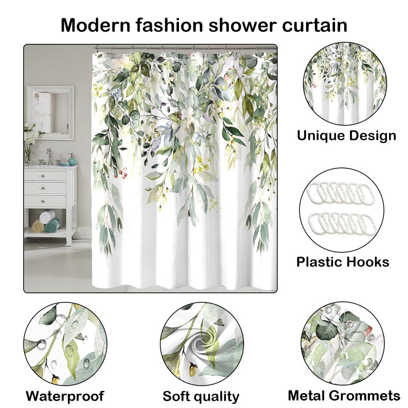 COSEVIER Sage Green Eucalyptus Shower Curtain,Leaves Plants Spring Floral Botanical Leaf Nature Watercolor Fabric Bathroom Decor Set with Hooks 72x72 Inch - Image 3