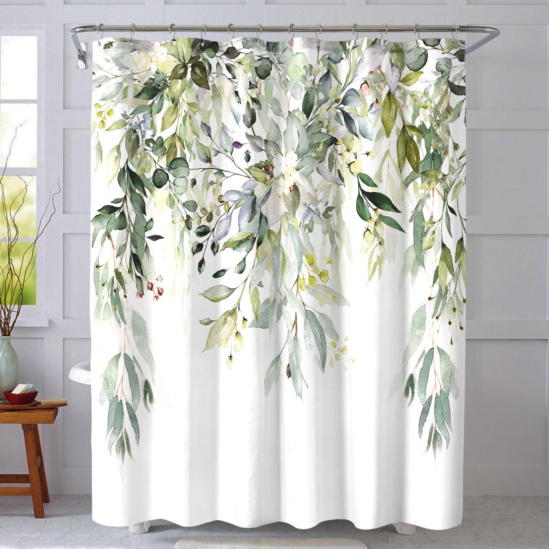 COSEVIER Sage Green Eucalyptus Shower Curtain,Leaves Plants Spring Floral Botanical Leaf Nature Watercolor Fabric Bathroom Decor Set with Hooks 72x72 Inch - Image 2