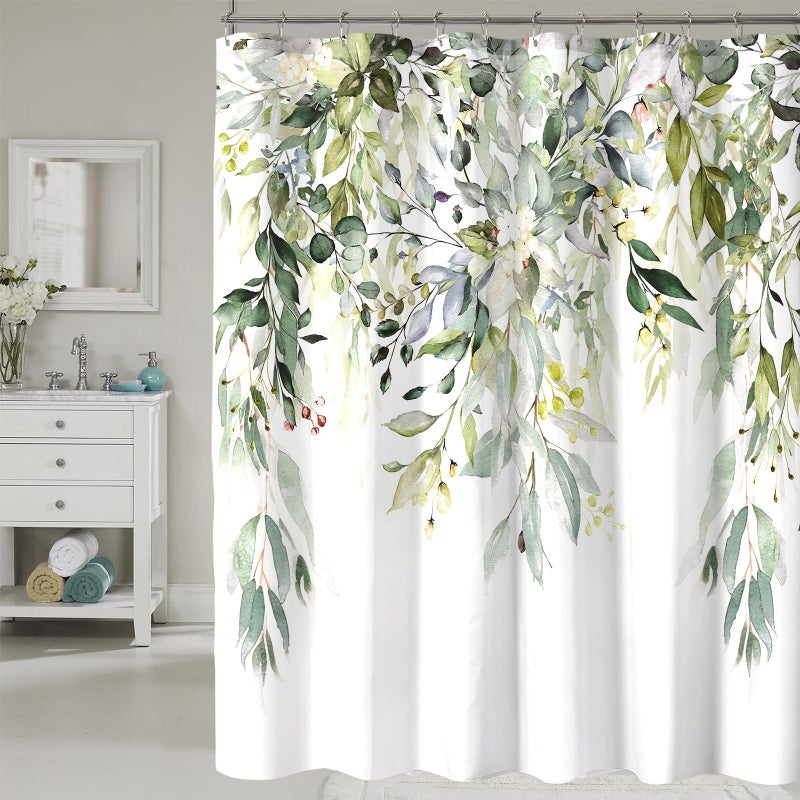 COSEVIER Sage Green Eucalyptus Shower Curtain,Leaves Plants Spring Floral Botanical Leaf Nature Watercolor Fabric Bathroom Decor Set with Hooks 72x72 Inch - Image 1