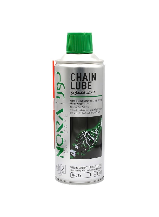 Nora Car Care N-512 Synthetic Chain Lube Spray 450ml Heavy Duty Lubricant with Moly Wax Technology for Motorcycles ATVs Bicycles Water and Rust Resistance High Temperature Protection Reduces Friction and Wear Long Lasting O Ring Safe Formula - Image 1