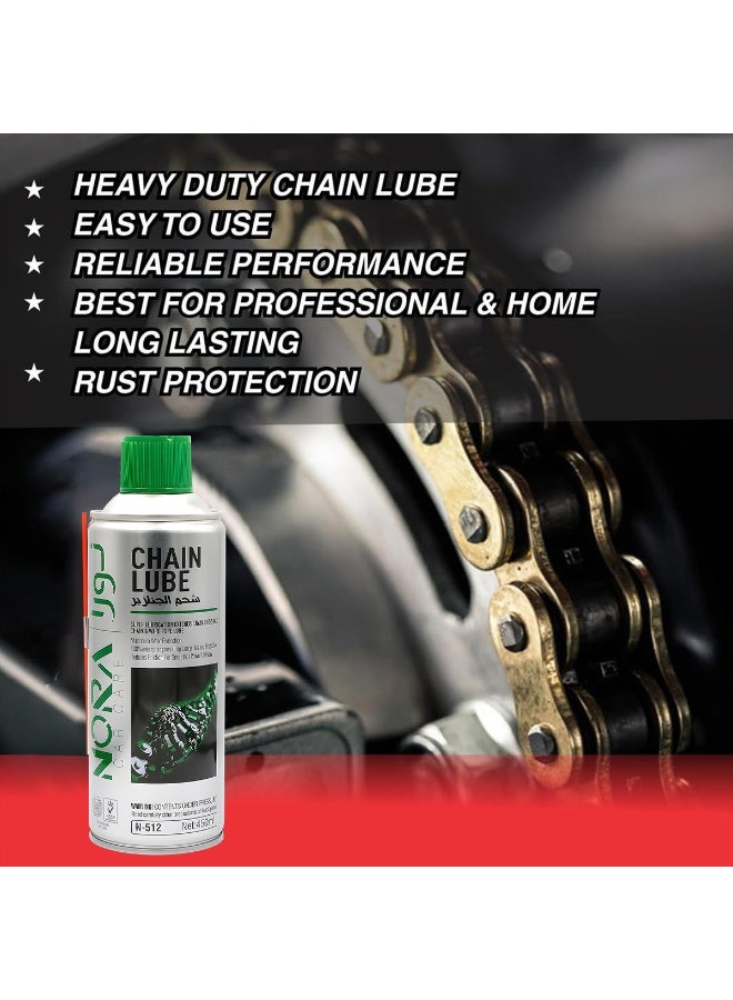 Nora Car Care N-512 Synthetic Chain Lube Spray 450ml Heavy Duty Lubricant with Moly Wax Technology for Motorcycles ATVs Bicycles Water and Rust Resistance High Temperature Protection Reduces Friction and Wear Long Lasting O Ring Safe Formula - Image 4
