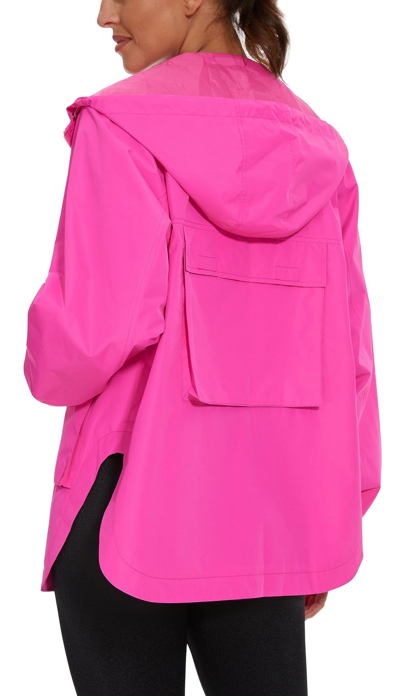PESION Women's Waterproof Rain Jacket Lightweight Raincoat Hooded Windbreaker Trench Coat, Hot Pink, X-Large - Image 4