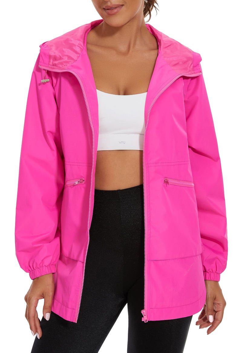 PESION Women's Waterproof Rain Jacket Lightweight Raincoat Hooded Windbreaker Trench Coat, Hot Pink, X-Large - Image 2