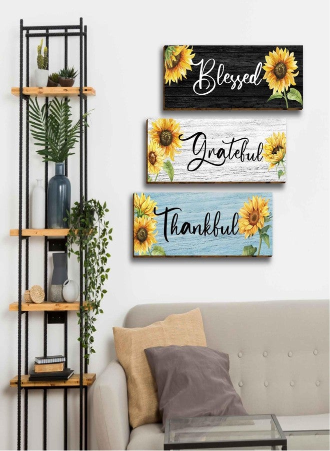 HIWERAN 3 Pcs Motivational Sunflower Art Wall Decor, Focused Grateful Blessed Thankful Wood Signs Inspirational Family Wall Art Plaque Decor for Home Office Bedroom Living Room Kitchen-60 - Image 5