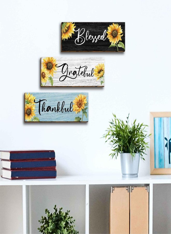 HIWERAN 3 Pcs Motivational Sunflower Art Wall Decor, Focused Grateful Blessed Thankful Wood Signs Inspirational Family Wall Art Plaque Decor for Home Office Bedroom Living Room Kitchen-60 - Image 3