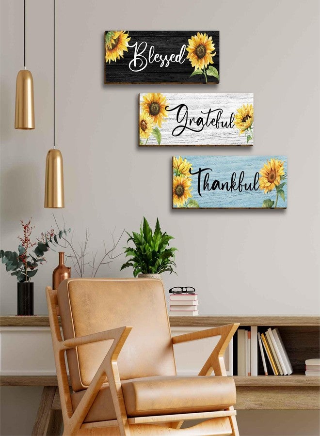 HIWERAN 3 Pcs Motivational Sunflower Art Wall Decor, Focused Grateful Blessed Thankful Wood Signs Inspirational Family Wall Art Plaque Decor for Home Office Bedroom Living Room Kitchen-60 - Image 4