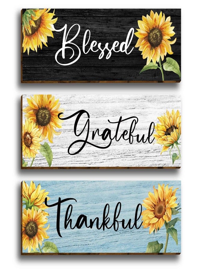 HIWERAN 3 Pcs Motivational Sunflower Art Wall Decor, Focused Grateful Blessed Thankful Wood Signs Inspirational Family Wall Art Plaque Decor for Home Office Bedroom Living Room Kitchen-60 - Image 1