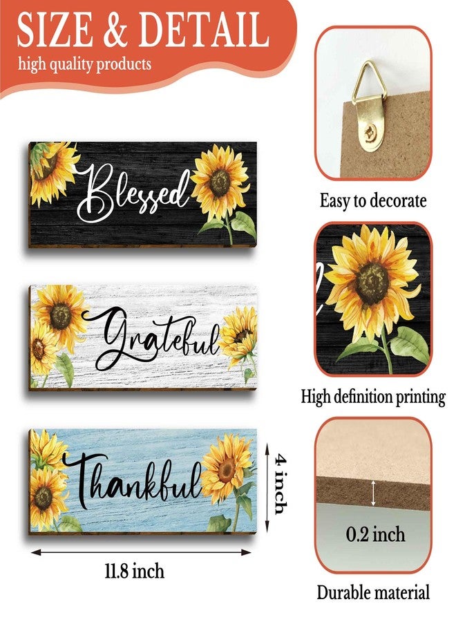 HIWERAN 3 Pcs Motivational Sunflower Art Wall Decor, Focused Grateful Blessed Thankful Wood Signs Inspirational Family Wall Art Plaque Decor for Home Office Bedroom Living Room Kitchen-60 - Image 2