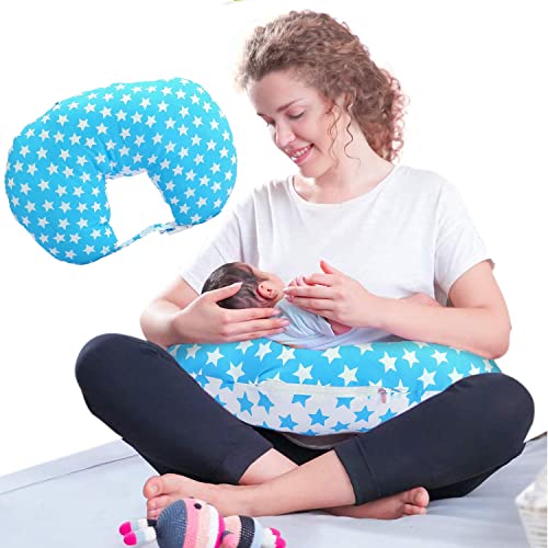 Kid's Charm Milky Star-Mini Portable 6 in 1 for 0 to 4 Months New Born Baby Feeding Pillow for Mother Baby Breastfeeding|Feeding Pillow for Breastfeeding with Removable Cover, Cotton Pillow(Blue) - Image 1