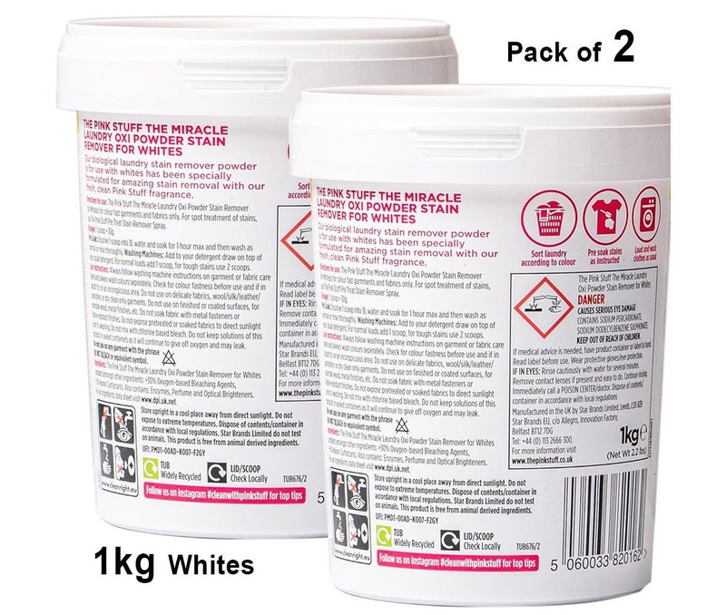 The Pink Stuff Oxi Powder Stain Remover for Whites 1kg (Pack of 2) – Powerful Laundry Whitener, Oxygen Bleach, Deep Cleaning, Removes Tough Stains - Image 3