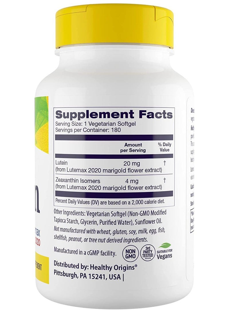 Healthy Origins Lutein (Lutemax 2020), 20 mg - For Healthy Vision & Eye Health - Supplement with Zeaxanthin - Vegan, Non-GMO & Gluten-Free Supplement - 180 Veggie Gels - Image 2