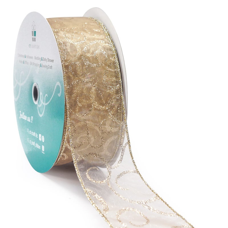 CT CRAFT LLC Organza with Champagne Gold Glitter Swirls Wired Ribbon 25 inch x 50 Yards for Christmas Home Decor Tree Topper Bow Gift Wrapping DIY Crafts Wreath Garland Wedding
