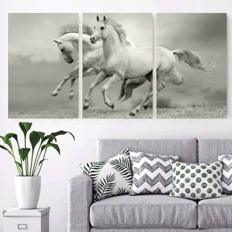 Marktna Three canvas paintings of horses with a hollow frame, measuring (150×70), three pieces - Image 1