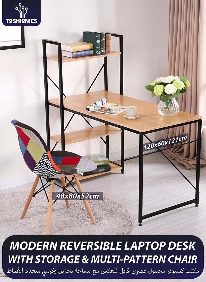 توشيونيكس مكتب كمبيوتر عصري - 120×60×121 سم مع رفوف كتب ثلاثية الطبقات + كرسي مبطن بألوان متنوعة - محطة عمل ودراسة مريحة للطلاب، طاولة زاوية للكمبيوتر المحمول ومكتب ألعاب، مجموعة أثاث مكتب منزلي - Image 1