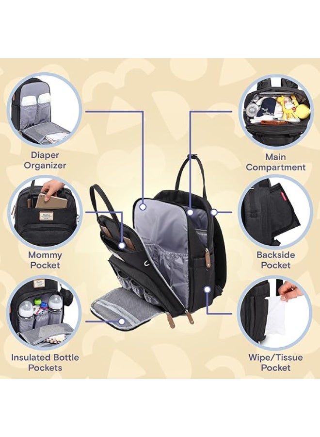 BabbleRoo Baby Changing Backpack Diaper Bag With Changing Mat And Pacifier Holder For Mom And Dad Black - Image 2