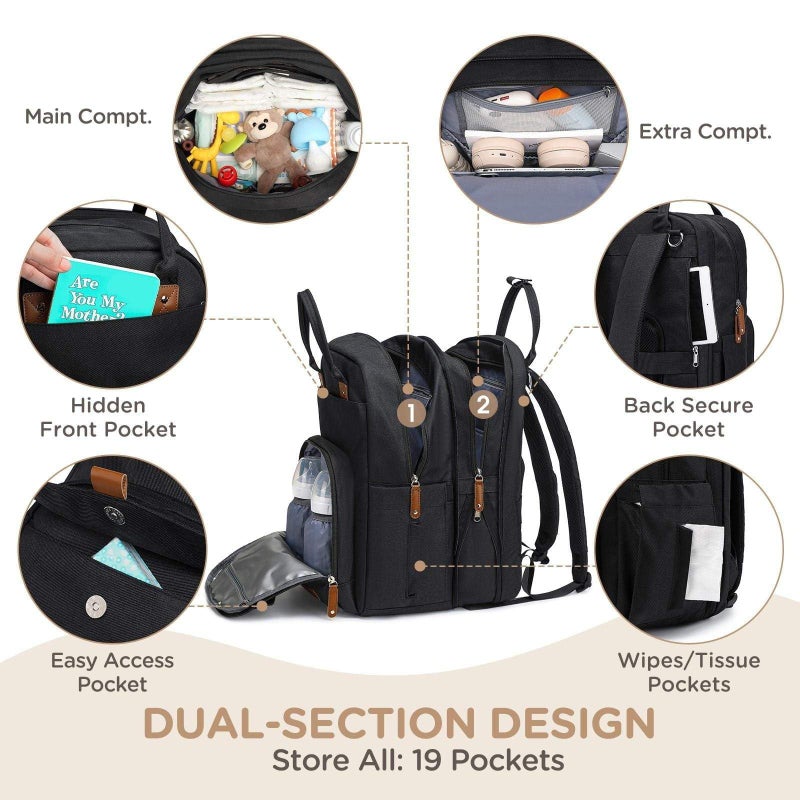 Qualyphant Large Diaper Bag Backpack for Two Kids Twins - Expandable Baby Bag (26-36L), Dual Big Compartments - Includes Changing Pad & Stroller Straps, Unisex Black - Image 3