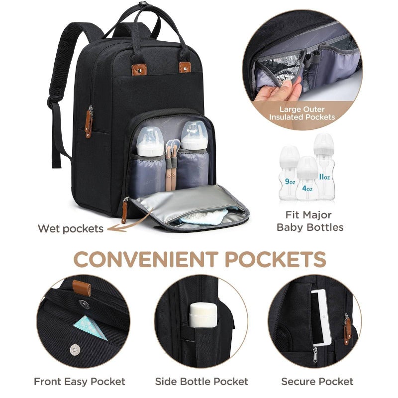 Qualyphant Large Diaper Bag Backpack for Two Kids Twins - Expandable Baby Bag (26-36L), Dual Big Compartments - Includes Changing Pad & Stroller Straps, Unisex Black - Image 5