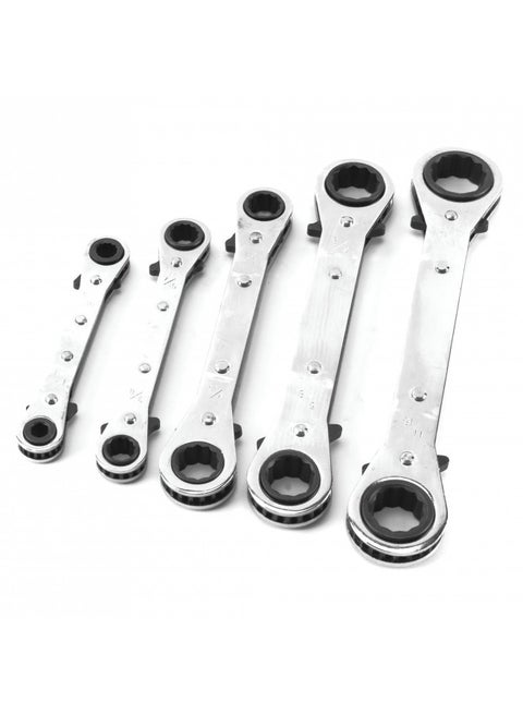 Performance Tool W709 SAE Reversible Ratcheting Wrench Set with 12 Point Box Ends, 5 Piece, 1/4" to 11/16" Sizes and Reusable Storage Rack