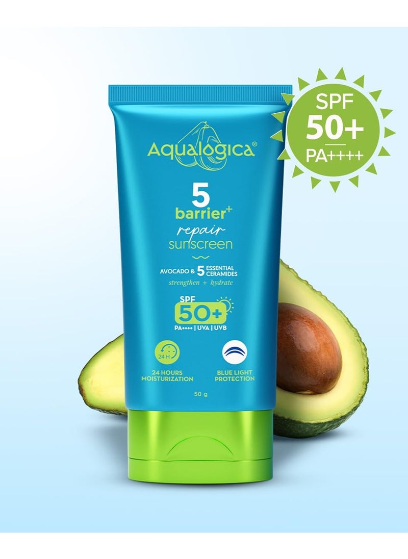 Aqualogica 5 Barrier+ Repair Sunscreen with Avocado & 5 Essential Ceramides | SPF 50 PA++++ | UVA/B & Blue Light Broad Spectrum Protection | Strengthens Skin Barrier | 24 Hr Moisturization | Fragrance Free | 50 g  - Image 2