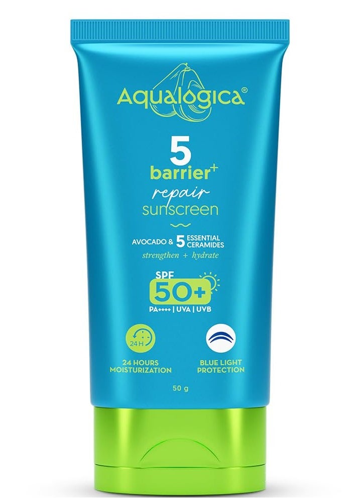 Aqualogica 5 Barrier+ Repair Sunscreen with Avocado & 5 Essential Ceramides | SPF 50 PA++++ | UVA/B & Blue Light Broad Spectrum Protection | Strengthens Skin Barrier | 24 Hr Moisturization | Fragrance Free | 50 g  - Image 1