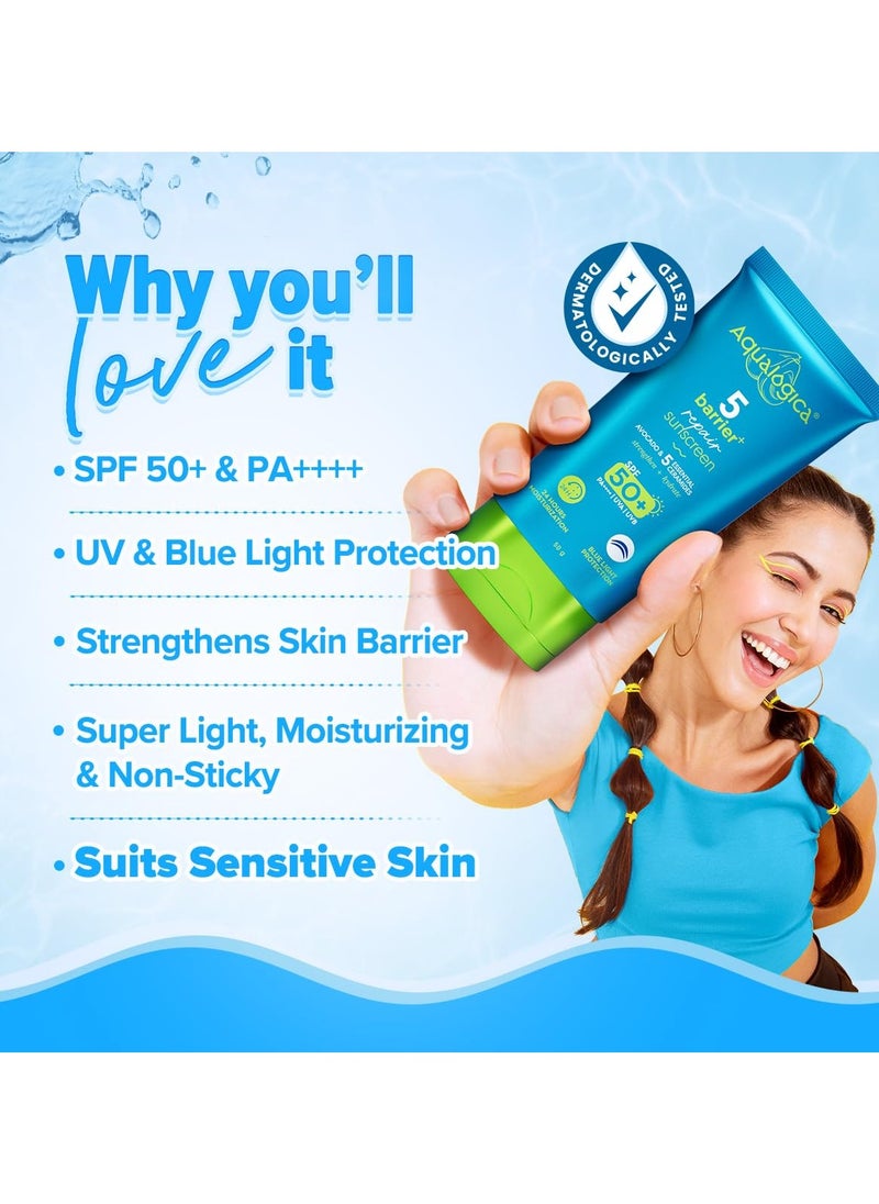 Aqualogica 5 Barrier+ Repair Sunscreen with Avocado & 5 Essential Ceramides | SPF 50 PA++++ | UVA/B & Blue Light Broad Spectrum Protection | Strengthens Skin Barrier | 24 Hr Moisturization | Fragrance Free | 50 g  - Image 3