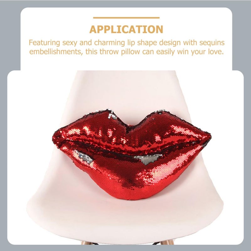 Sequins Lip Throw Pillow Glitter Sofa Cushion Red Silver 45x22cm Decorative Bed Accent for Home Car Pregnancy Support - Image 3