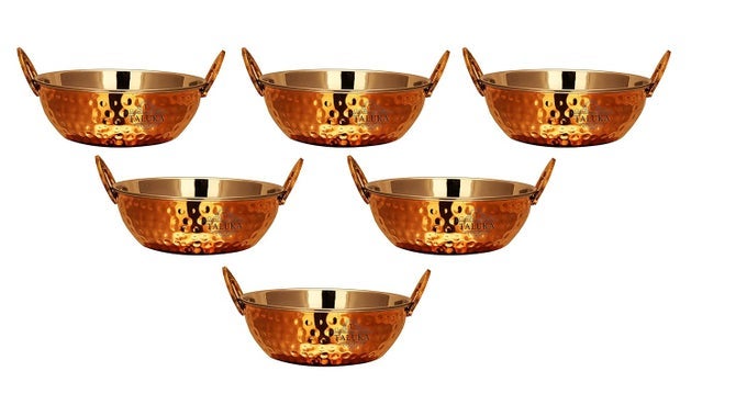 COPPER STAINLESS STEEL SERVING KADAI KADHAI 400 ML BOWL WOK SERVING DISHES RESTAURANT HOTEL HOME PACK OF 6