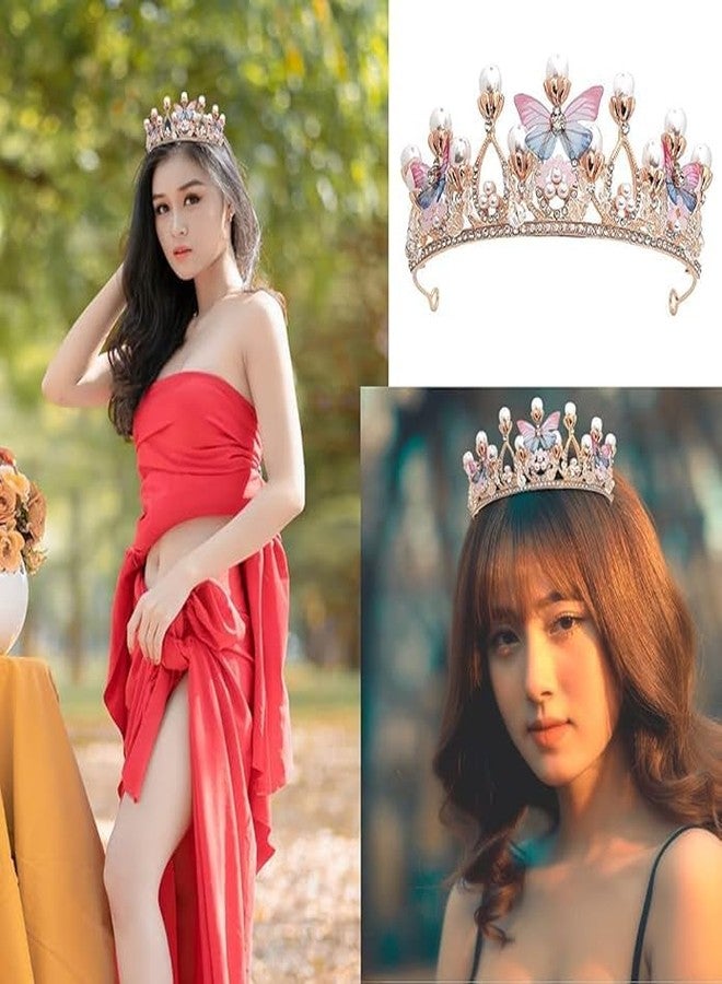 SKYUNION Crystal Tiara Crown Pearl Princess Crown Headband Flower Pageant Handmade Hair Accessories Cosplay,Birthday,Celebration for Girls Women - Image 2