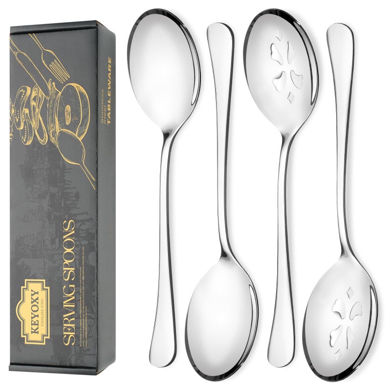 Keyoxy 4 Piece Stainless Steel Serving Spoon Set - 2 Large, 2 Slotted,Dishwasher Safe,10-Inch, for Parties/Kitchen/Buffet/Catering - Image 1