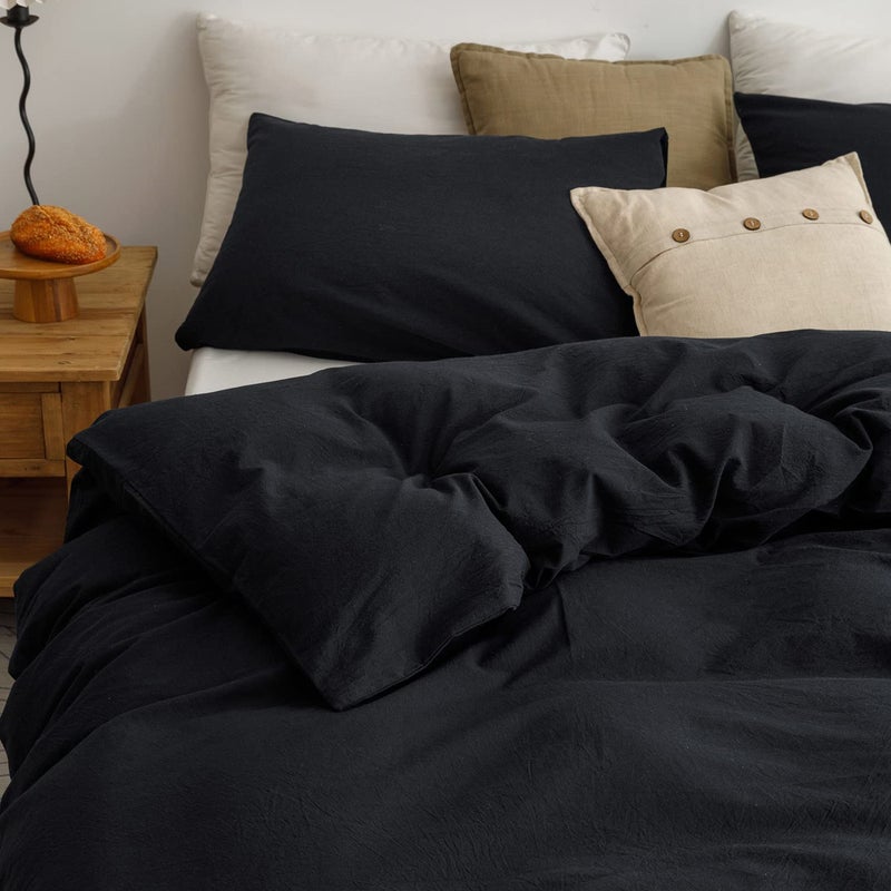 ECOCOTT ECOCOTT 3 Pieces Duvet Cover Set Queen 100% Washed Cotton 1 Duvet Cover with Zipper and 2 Pillowcases  Ultra Soft and Easy Care Breathable Cozy Simple Style Bedding Set (Black Queen)  - Image 4